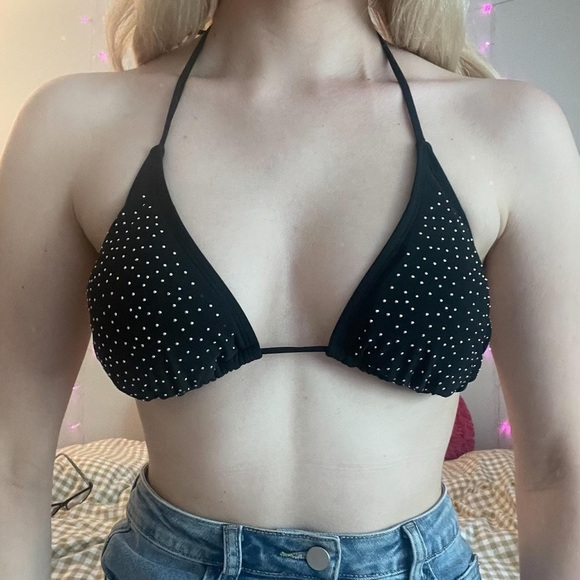 Y2K Black Rhinestone Bikini Top Triangle Sparkle Swim - Picture 3 of 4